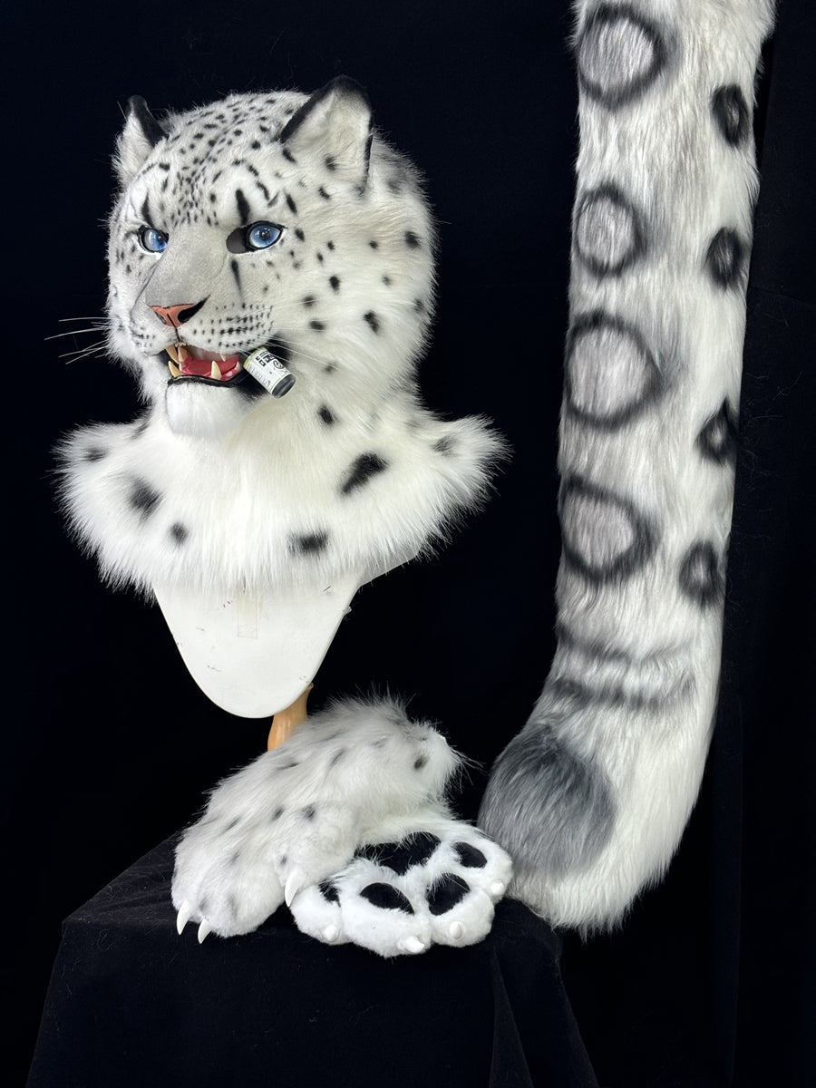 [Premade] Snow Leopard Realistic Fursuit Partial Movable Jaw Headpiece Furry Costumes