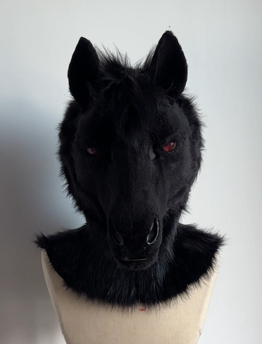 [Premade] Black Horse Realistic Fursuit Partial Movable Jaw Headpiece Furry Costumes
