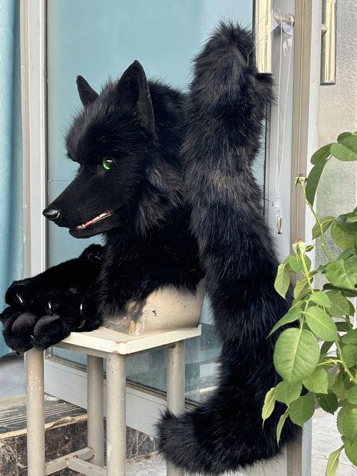 [Premade] Black Wolf Realistic Fursuit Partial Movable Jaw Werewolf Furry Costumes