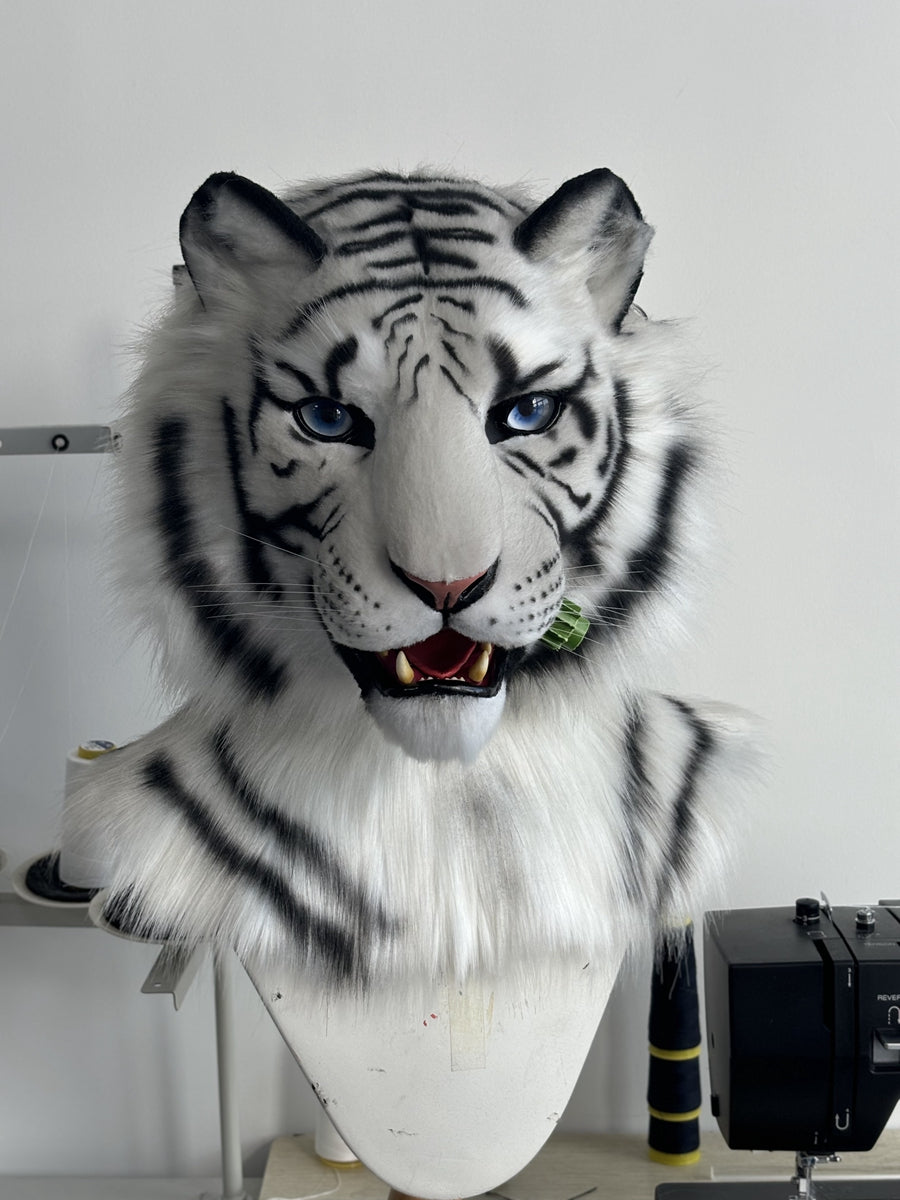[Premade] Bengal White Tiger Realistic Fursuit Head Furry Costumes Mask Headdress