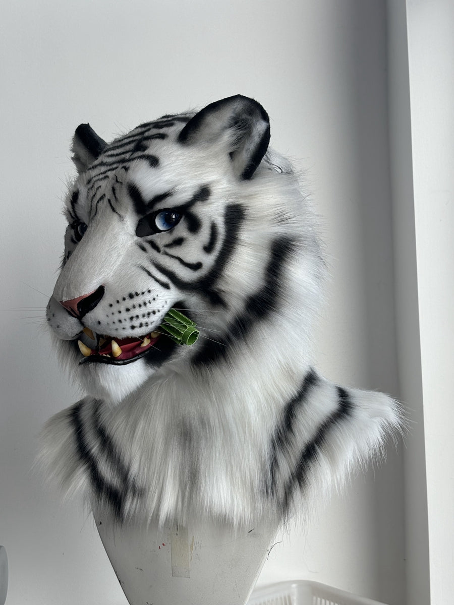 [Premade] Bengal White Tiger Realistic Fursuit Head Furry Costumes Mask Headdress