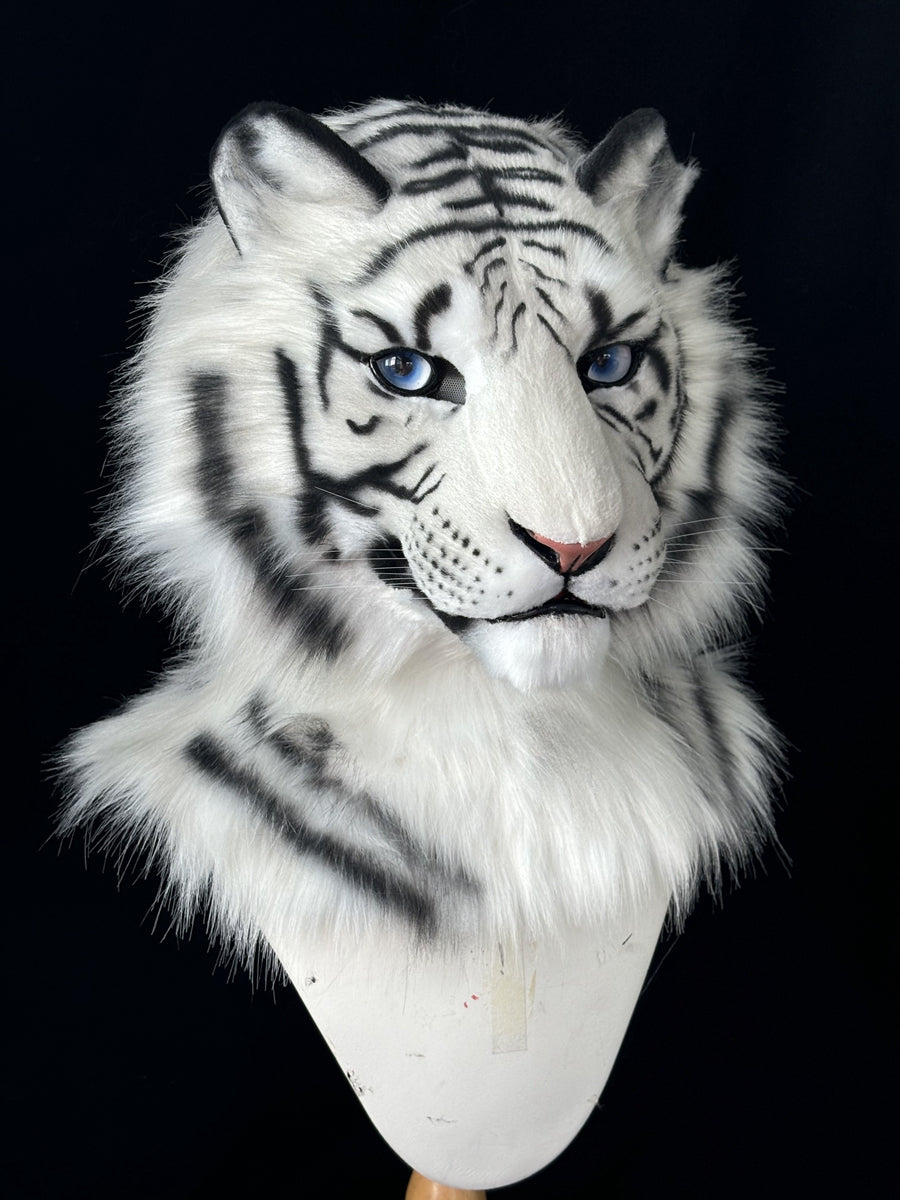 [Premade] Bengal White Tiger Realistic Fursuit Head Furry Costumes Mask Headdress