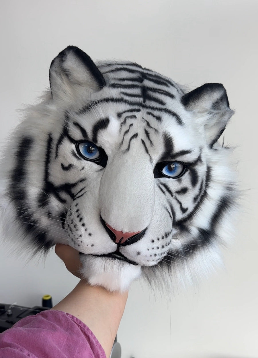 [Premade] Bengal White Tiger Realistic Fursuit Head Furry Costumes Mask Headdress