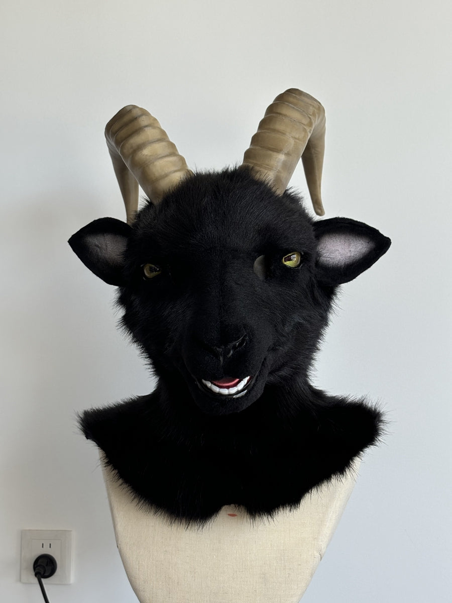[Premade] Black Goat Realistic Fursuit Head Furry Costumes Mask Headdress