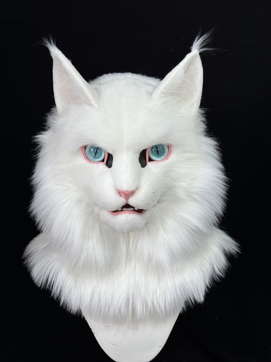 [Premade] White Cat  Realistic Fursuit Head Furry Costumes Mask Headdress