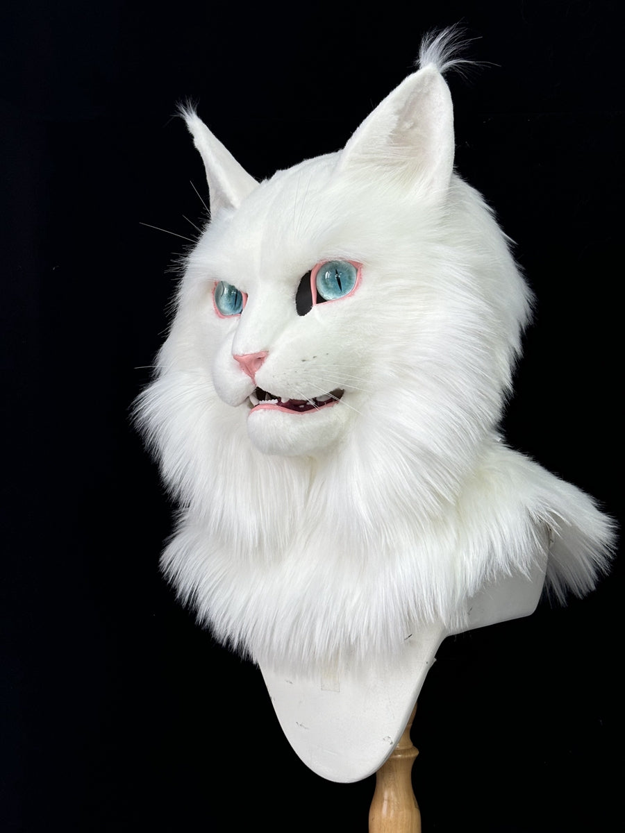 [Premade] White Cat  Realistic Fursuit Head Furry Costumes Mask Headdress