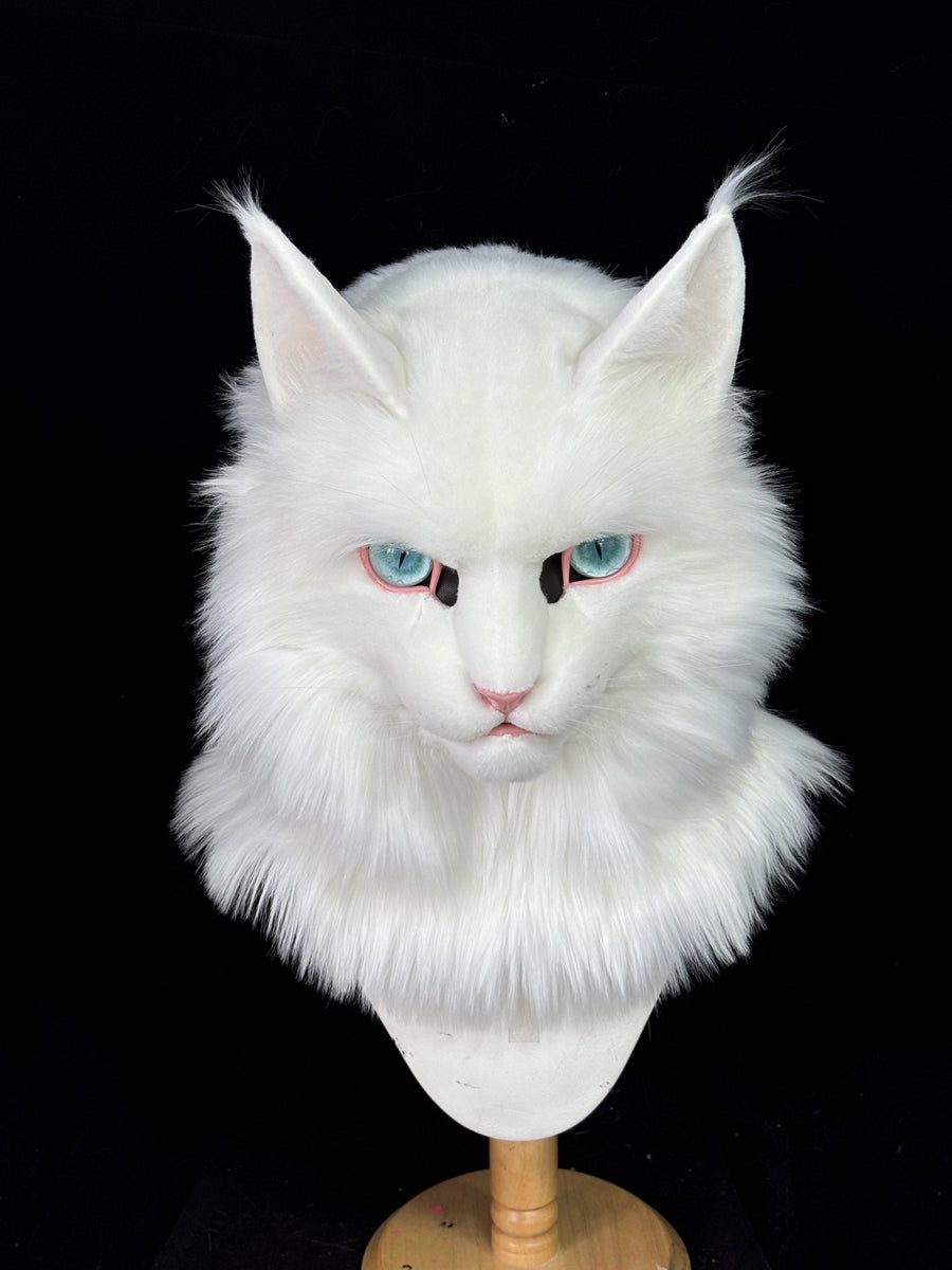 [Premade] White Cat  Realistic Fursuit Head Furry Costumes Mask Headdress